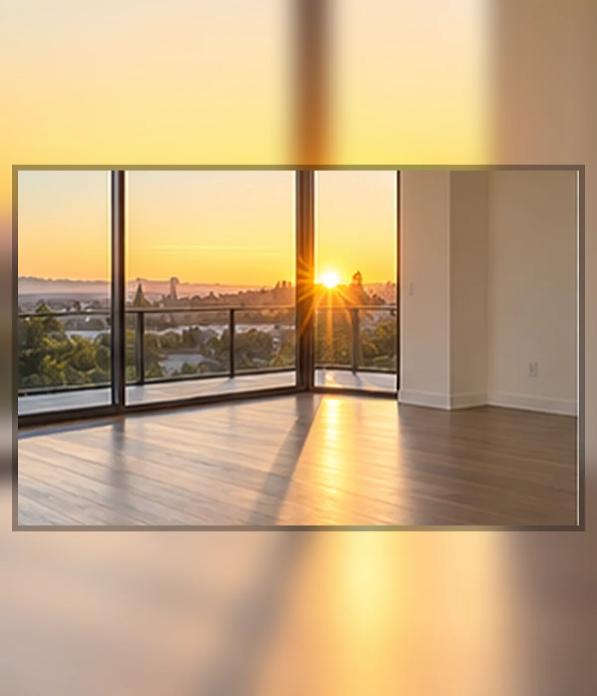 An empty finished room at sunset, with low sun flaring through floor-to-ceiling glass onto wood floors