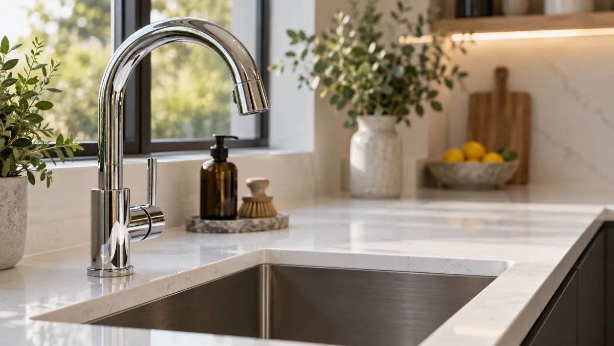 A chrome gooseneck mixer above a stainless undermount sink in a marble worktop