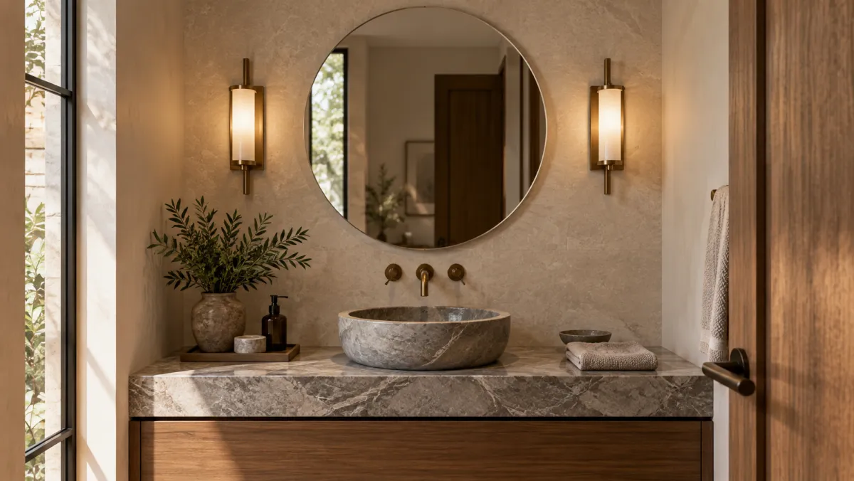 A round mirror above a stone vessel basin with wall-mounted brass taps