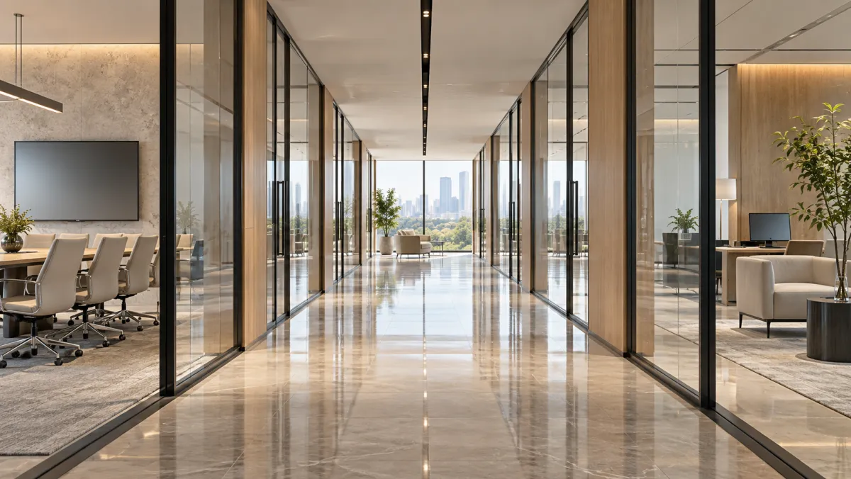 A glass-walled corridor running between meeting rooms toward daylight