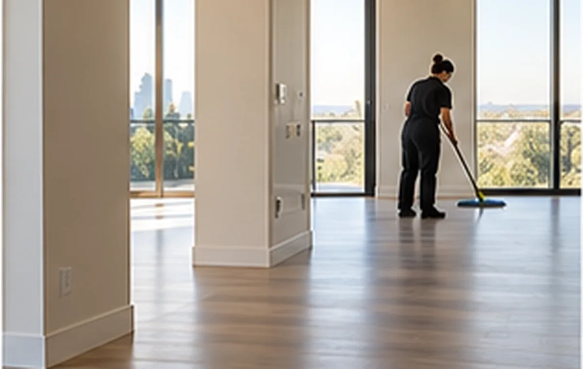 A cleaning professional mopping the floor of an empty apartment with a city view